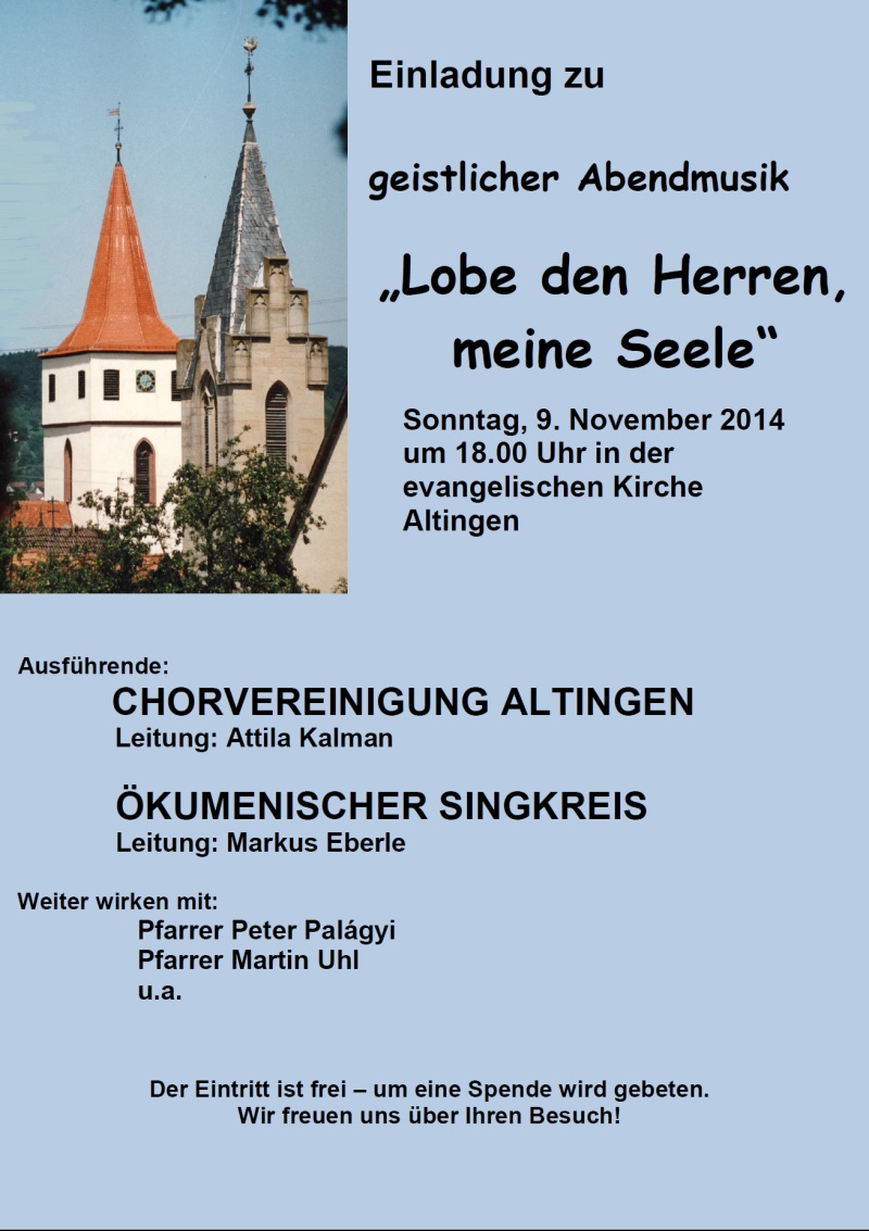 Einladung zu geistlicher Abendmusik am 9.11.2014